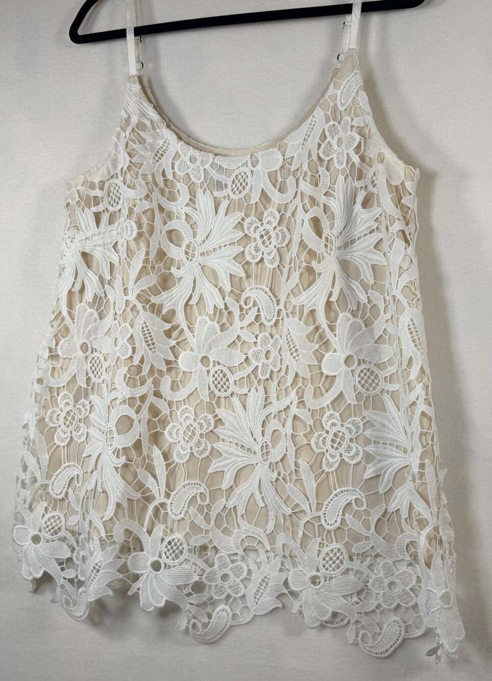 CAbi Crochet Tank Top White Lace Overlay Spaghetti Strap White Floral Large